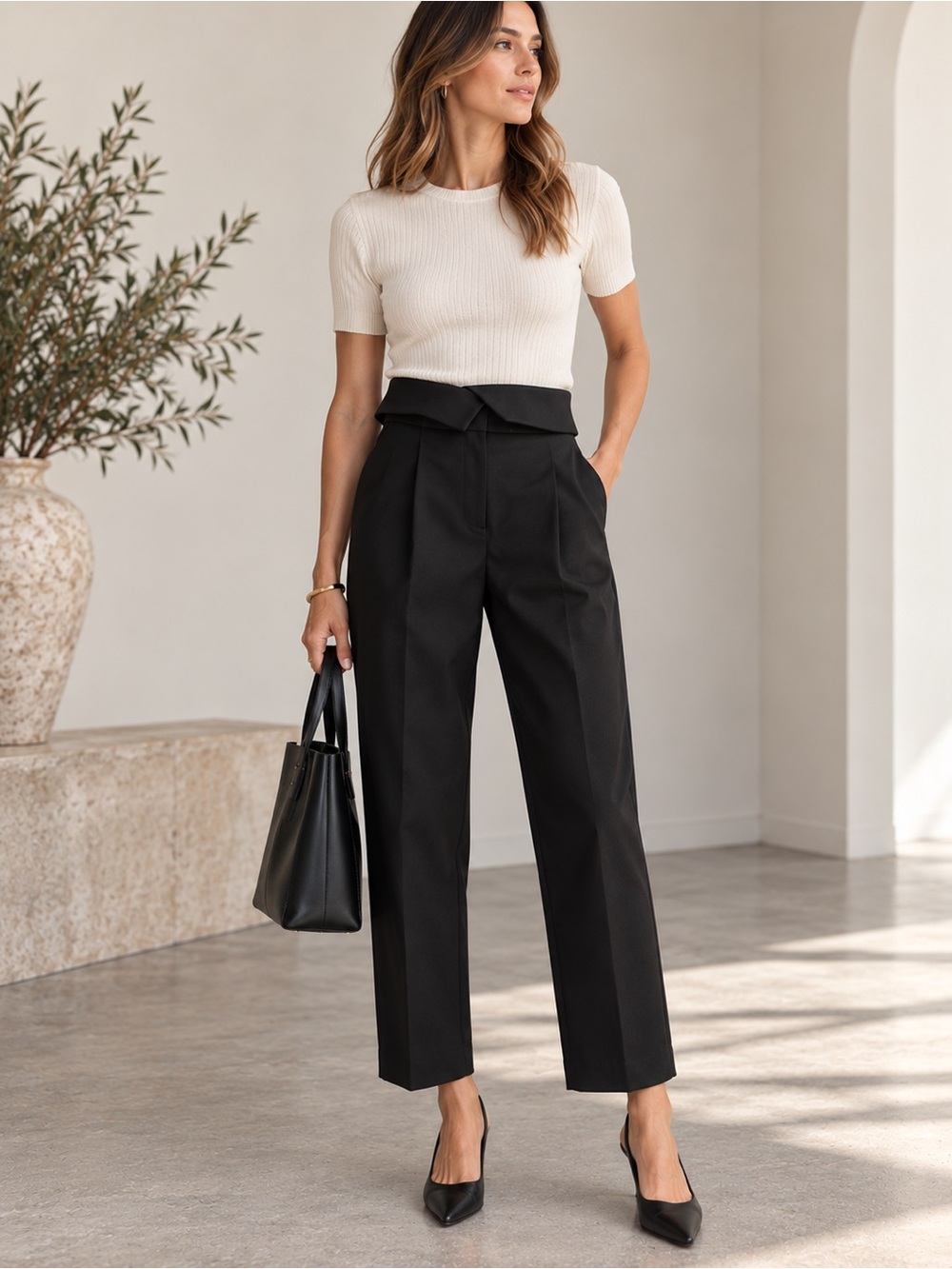 ALC Coby Straight Pleated Trousers Fold Over Waist Black Pants Size 10